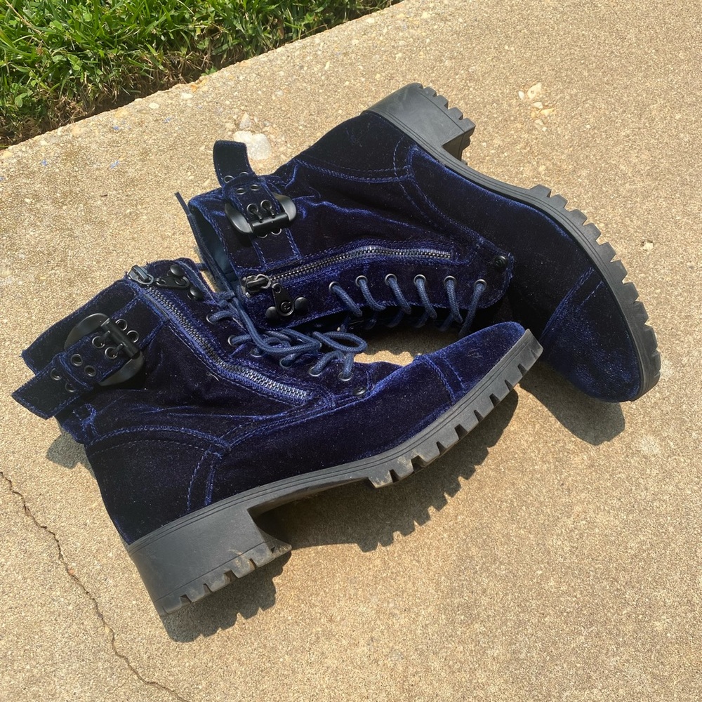 Blue suede combat boots